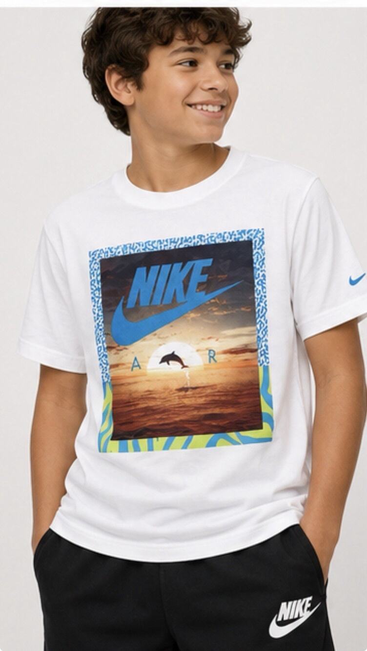 Nike Air Boys XL T Shirt White Sunset Dolphin Graphic Swoosh Short Sleeve